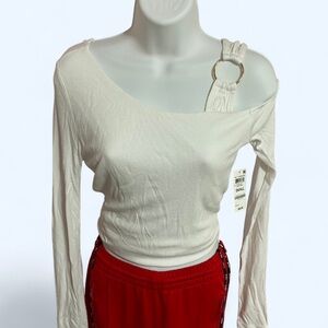 NWT INC International Concepts White Ribbed Asymmetrical Shoulder Top